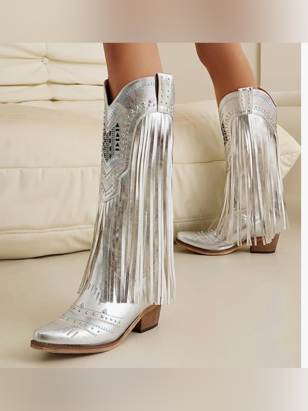 Silver Fringe Western Heeled Boots - Women's Fashion